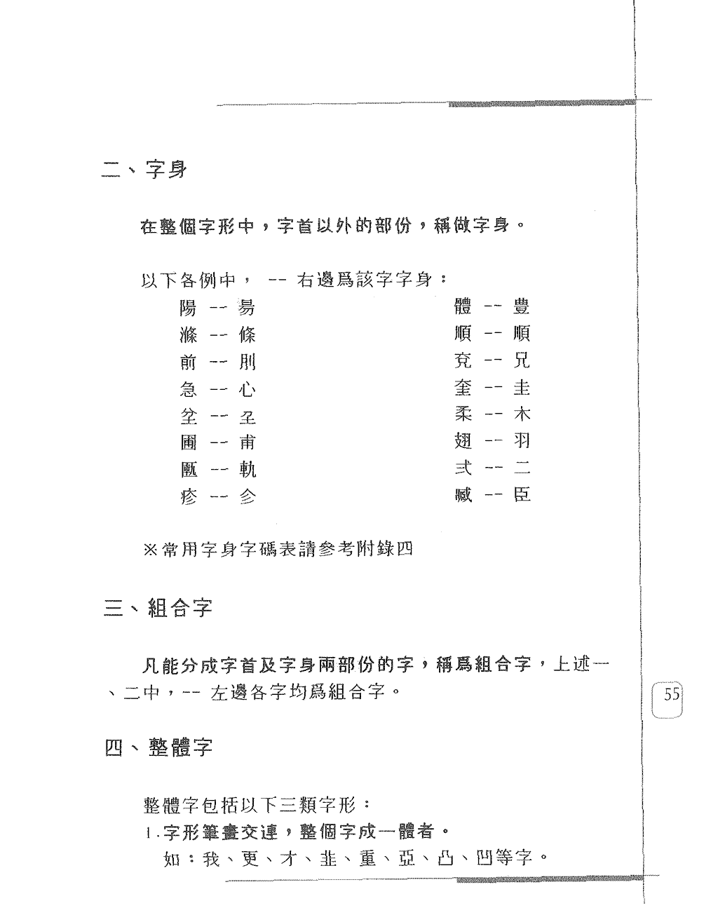 字首、字身，組合字、整體字